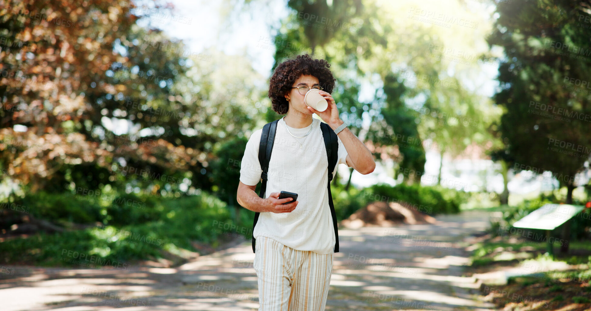 Buy stock photo Man, student and drink coffee In park, phone and walk with mobile app in morning at college. Person, smartphone and backpack with commute, contact or social media at university campus in Costa Rica