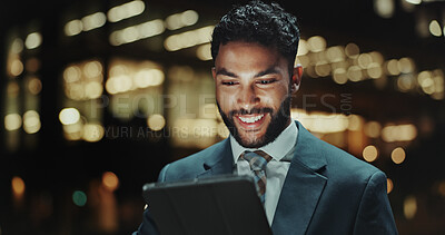 Buy stock photo Businessman, tablet and night with city, internet and budget for international project. Overtime, planning and smile for finance with downtown, research and online communication for website agency