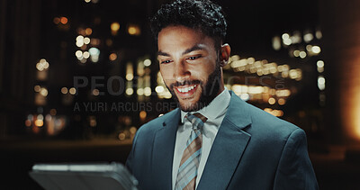 Buy stock photo Businessman, tablet and night with city, planning and internet for project budget. Overtime, research and information for finance with downtown, accountant and online communication for website agency