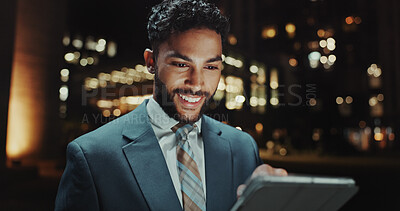 Buy stock photo Businessman, tablet and night with city, research and internet for project budget. Overtime, planning and information for finance with downtown, accountant and online communication for website agency