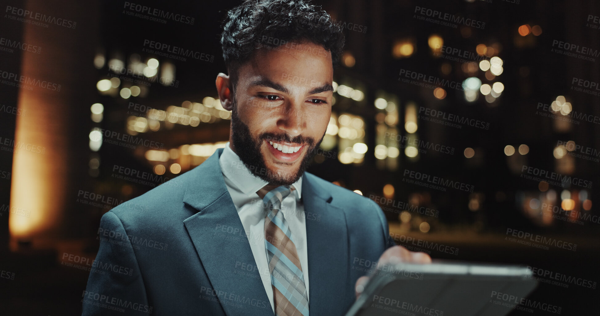 Buy stock photo Businessman, tablet and night with city, research and internet for project budget. Overtime, planning and information for finance with downtown, accountant and online communication for website agency