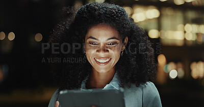 Buy stock photo Business woman, tablet and night with city, planning and budget for international project. Overtime, internet and smile for finance with downtown, research and online communication for website agency