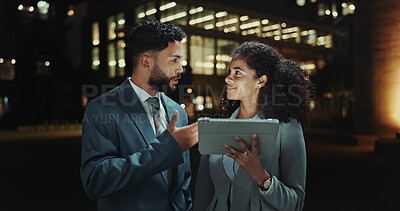 Buy stock photo Business people, tablet and night with city, finance and internet for project meeting. Budget, planning and collaboration for information with downtown, discussion and employees online for website