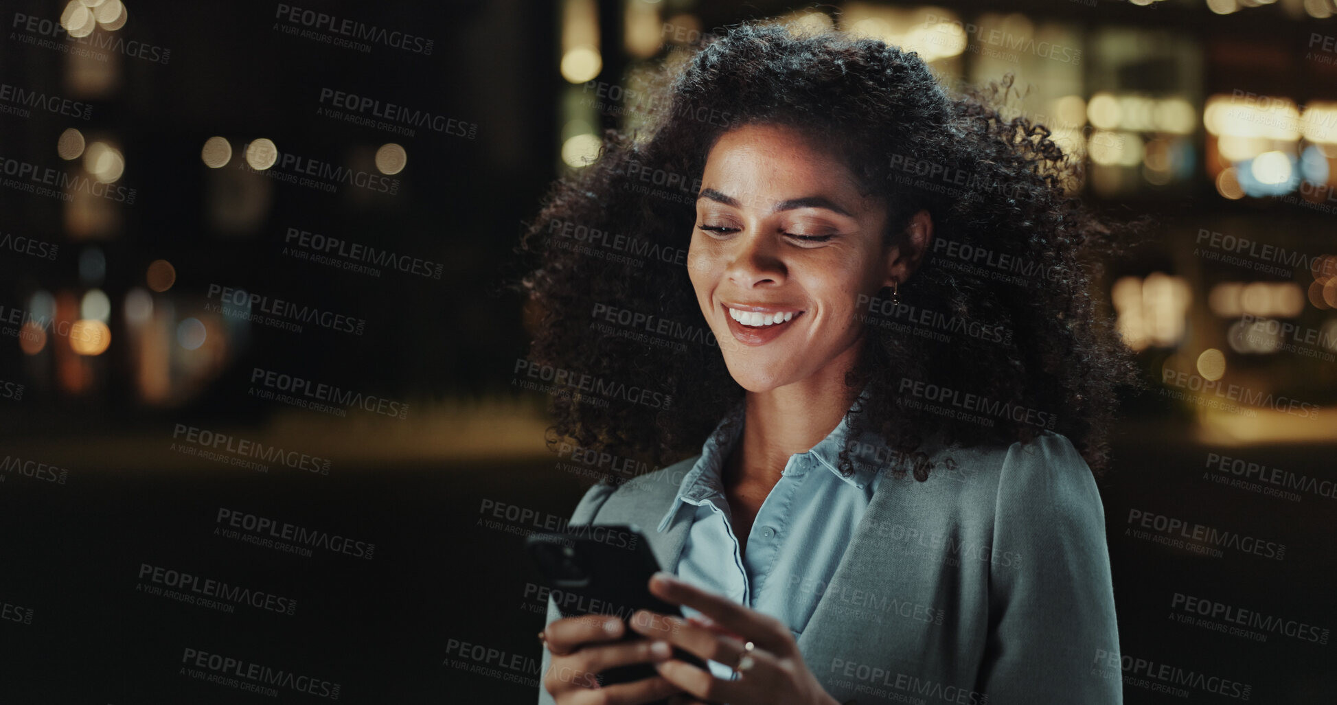 Buy stock photo Business woman, smartphone and night in city, reading and click with mobile app for commute in street. Person, smile and thinking with phone for contact, texting and chat on urban sidewalk in Brazil