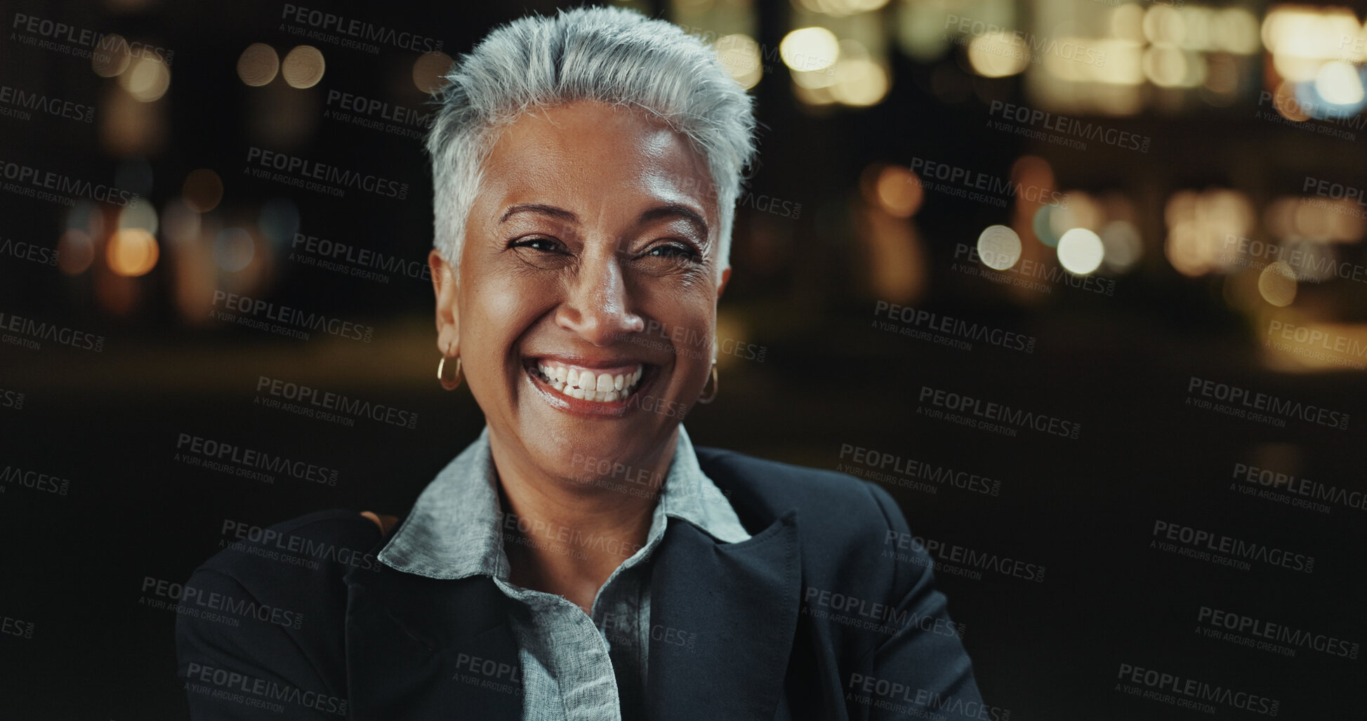 Buy stock photo Mature business woman, portrait and night in city, pride and confidence on urban sidewalk for overtime. Person, employee and happy in road, career and excited for job insurance agency in Costa Rica