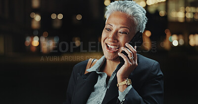 Buy stock photo Phone call, business and mature woman with smile, night and communication with network. Person, lawyer and accountant in city, smartphone and mobile user with connection, conversation and discussion