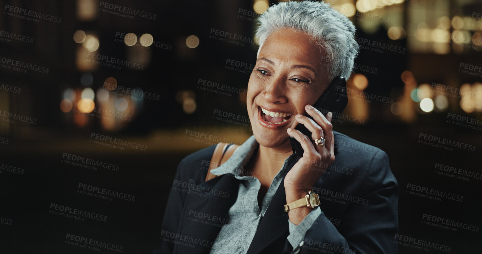 Buy stock photo Phone call, business and mature woman with smile, night and communication with network. Person, lawyer and accountant in city, smartphone and mobile user with connection, conversation and discussion