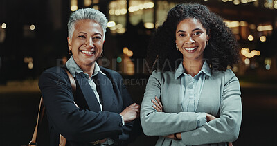 Buy stock photo Portrait, business people and women with arms crossed, night and teamwork with confidence. Employees, lawyers and attorney with smile, happiness and cooperation with career ambition and legal aid