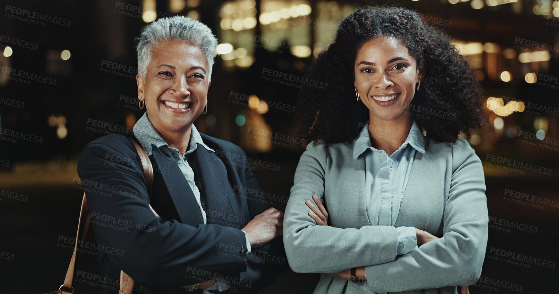 Buy stock photo Portrait, business people and women with arms crossed, night and teamwork with confidence. Employees, lawyers and attorney with smile, happiness and cooperation with career ambition and legal aid