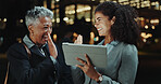 Win, high five and celebration for colleagues, night and happy for deal, trader and joy for opportunity. Achievement, office and success for investment banker, excited or corporate people with tablet