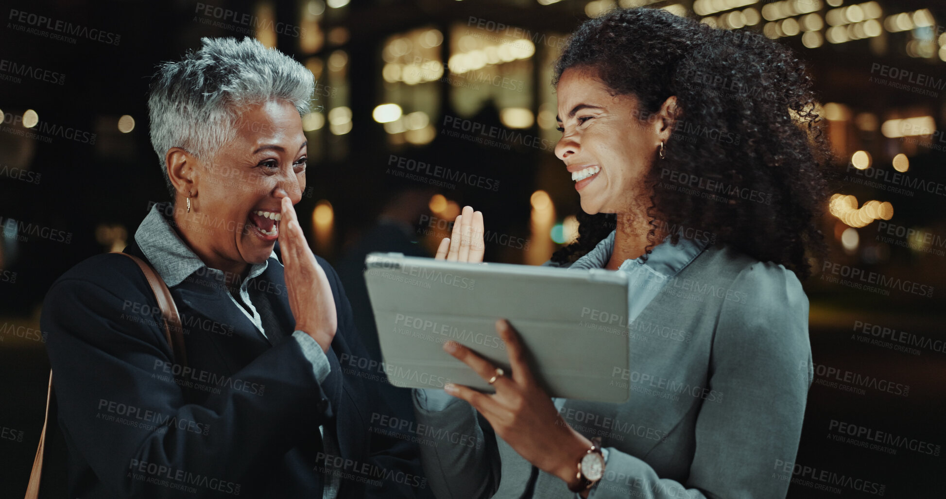 Buy stock photo City, high five and colleagues with tablet, night and happy for deal, trader and joy for opportunity. Achievement, office and win for investment banker, celebration and success for corporate people