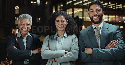 Buy stock photo Portrait, night and business people with arms crossed, teamwork or cooperation with smile. Employees, coworkers or lawyers with happiness, buildings or pride with attorney, collaboration or legal aid