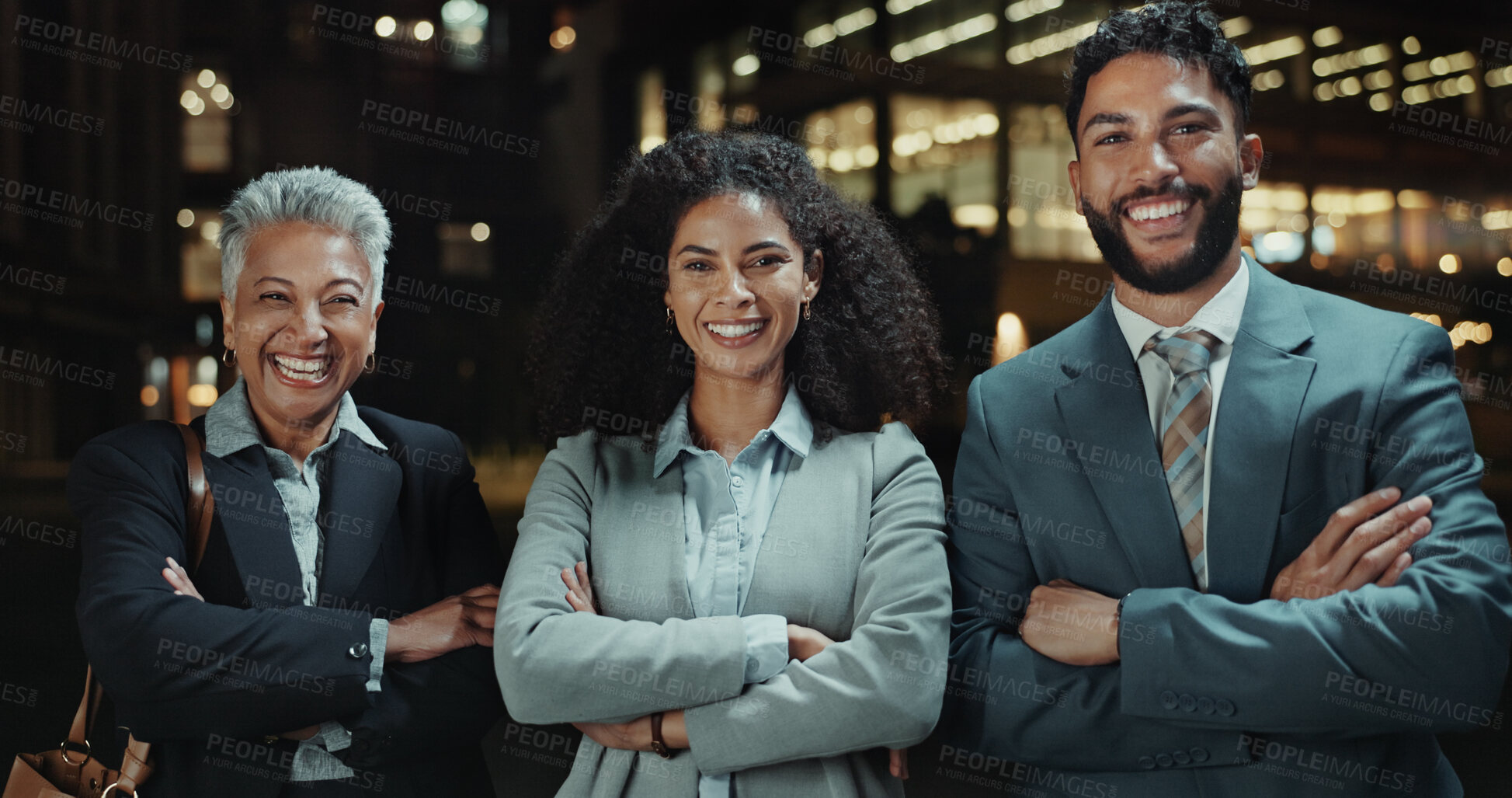 Buy stock photo Portrait, night and business people with arms crossed, teamwork or cooperation with smile. Employees, coworkers or lawyers with happiness, buildings or pride with attorney, collaboration or legal aid