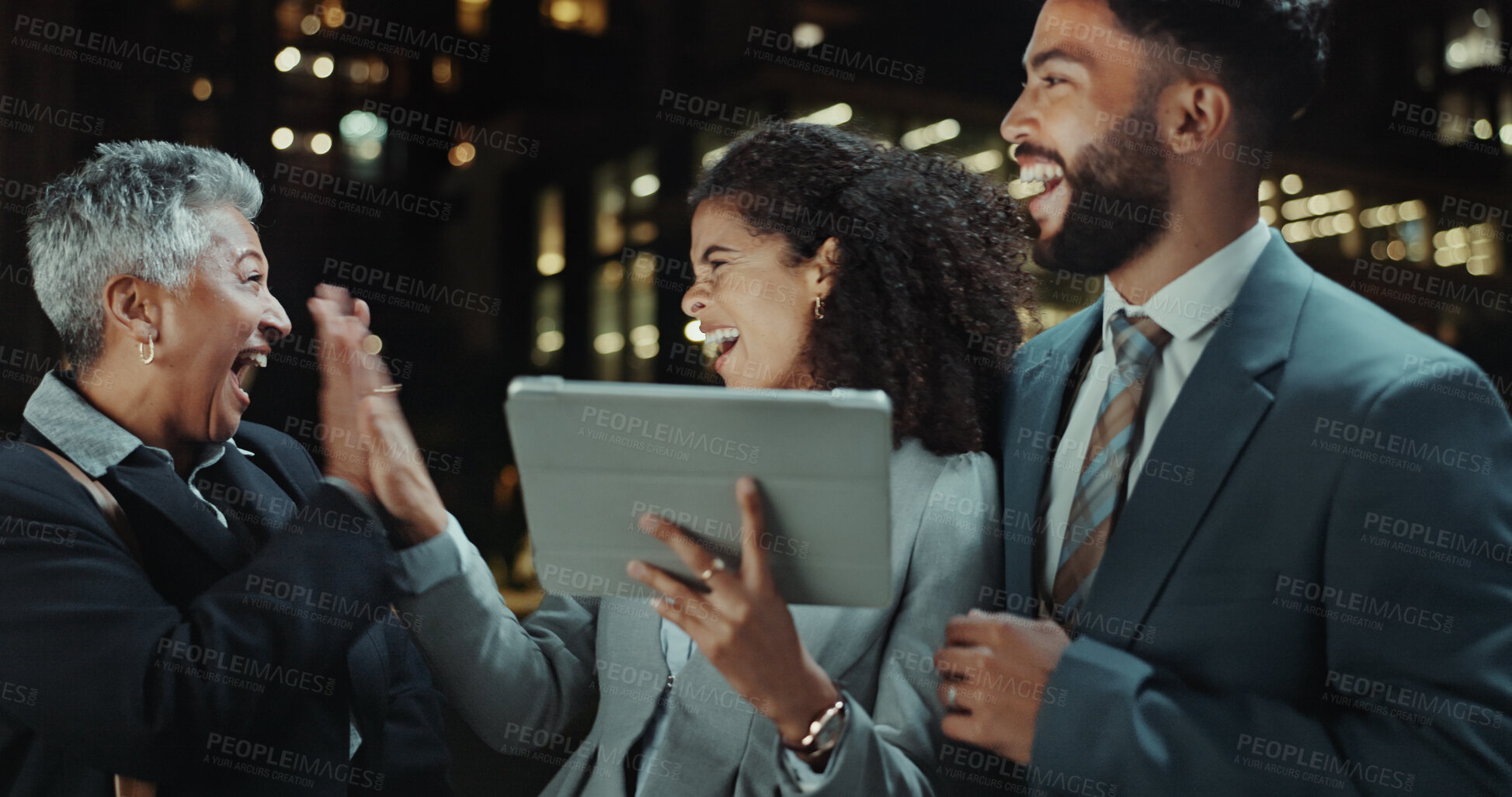 Buy stock photo Tablet, high five and celebration for colleagues, night and happy for deal, trader and joy for opportunity. Achievement, office and success for investment banker, win and corporate people with tech