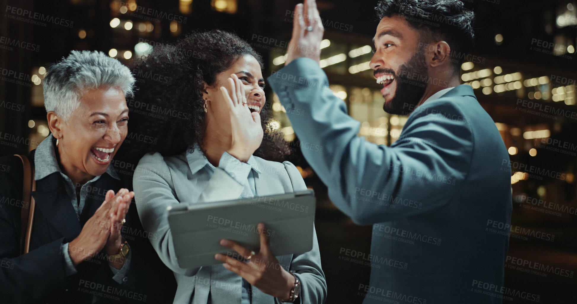 Buy stock photo Excited, high five and celebration for colleagues, night and happy for deal, trader and joy for opportunity. Achievement, office and success for investment banker, win or corporate people with tablet