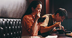 Japanese couple, eating lunch and dish in restaurant for date, bonding together or healthy meal. Woman, man and hospitality for diet, traditional cuisine and chopsticks as ramen noodles or asian food