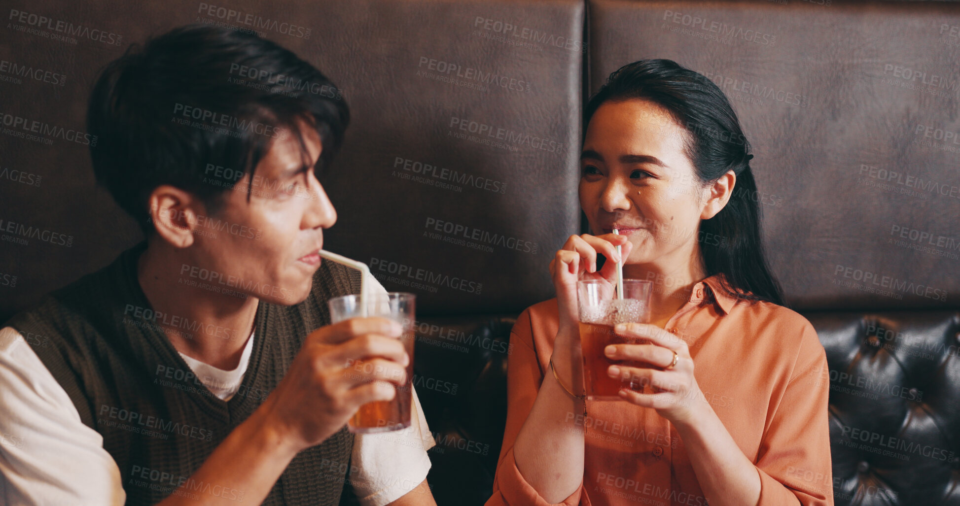 Buy stock photo Japanese, couple and taste in restaurant for drinks, anniversary celebration or love in relationship. Valentines day, man and woman with glasses for beverage, connection or bonding with smile on date