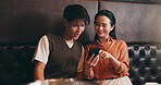 Japanese, couple and happy with smartphone for restaurant, online menu or service with conversation. Valentines day, man or woman with mobile application for digital order, options or bonding on date