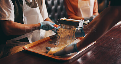 Buy stock photo Hands, ramen and meal prep with noodle cutter, cooking class and chef in Japanese restaurant for lunch. People, process and culinary skills as customer in hospitality, diet and healthy food for dish