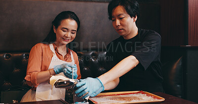 Buy stock photo Japanese people, dough and meal prep with noodle cutter, cooking class and chef in cafe for lunch. Woman, man and culinary skill as customer in hospitality, diet and healthy food for traditional dish