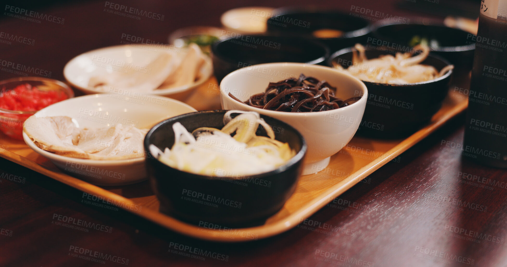 Buy stock photo Asian restaurant, ramen and tray of food with noodles, meat and vegetables for dinner, lunch and supper. Culinary, traditional cuisine and bowl for healthy eating, nutrition and gourmet dish in Japan