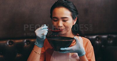 Buy stock photo Food, eating and Asian woman in restaurant to taste dinner, supper and lunch in cooking class. Culinary, customer and Japanese person with spoon for ramen, gourmet dish and traditional cuisine