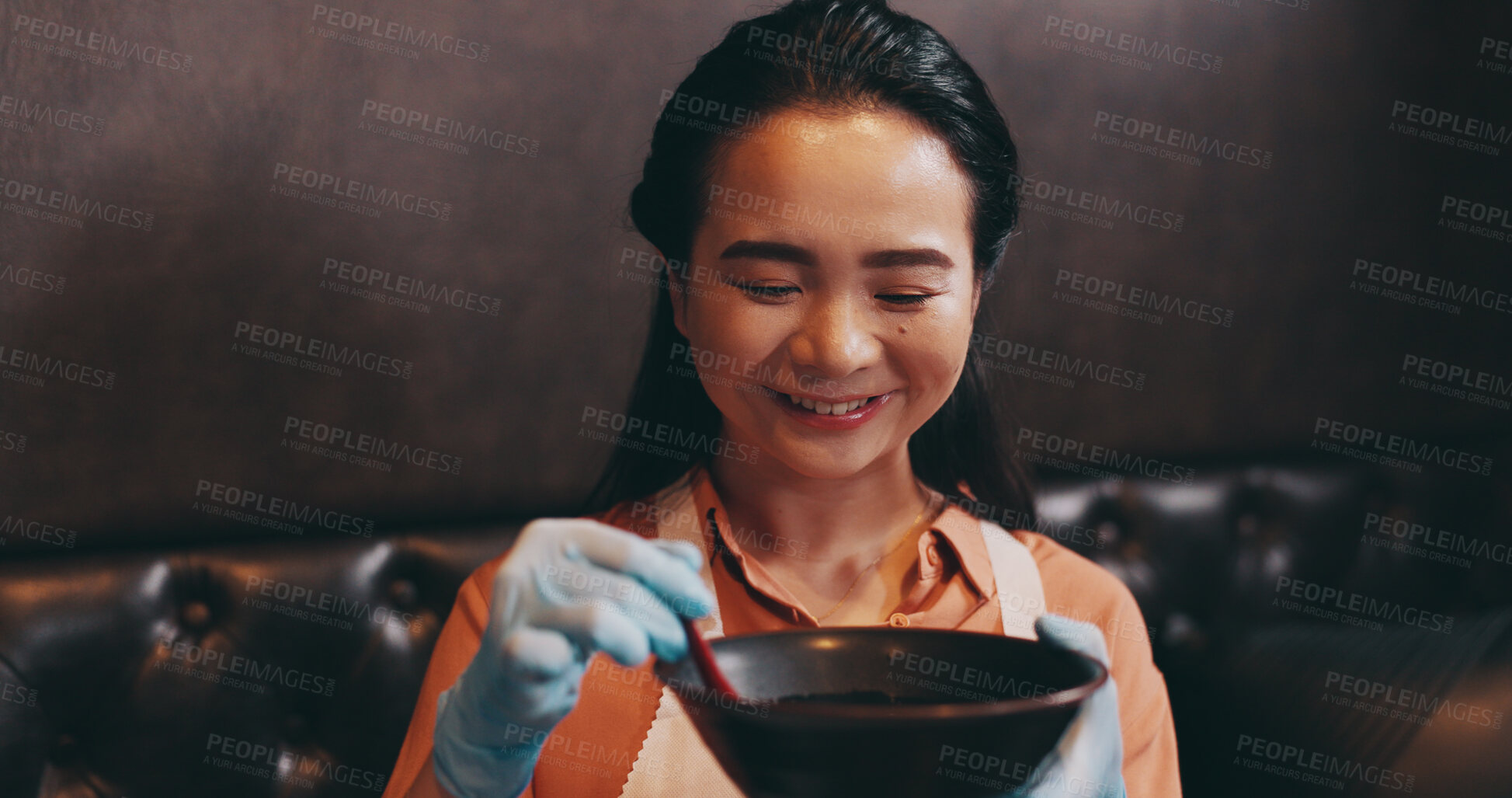 Buy stock photo Ramen, eating and happy Asian woman in restaurant to taste dinner, supper and lunch. Culinary class, customer and Japanese person with chopsticks for noodles, gourmet dish or traditional cuisine