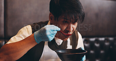 Buy stock photo Ramen, eating and Asian man in restaurant with spoon to taste dinner, supper and lunch in cooking class. Culinary, customer and Japanese person with noodles, gourmet dish and traditional cuisine