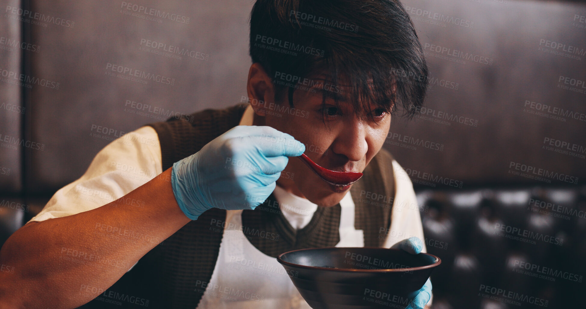 Buy stock photo Ramen, eating and Asian man in restaurant with spoon to taste dinner, supper and lunch in cooking class. Culinary, customer and Japanese person with noodles, gourmet dish and traditional cuisine