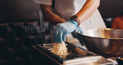 Buy stock photo Japan, restaurant and hands boiling noodles for traditional cuisine, culinary culture and meal preparation. Chef, gloves and person steaming ramen in strainer for nutrition, cooking or healthy dinner