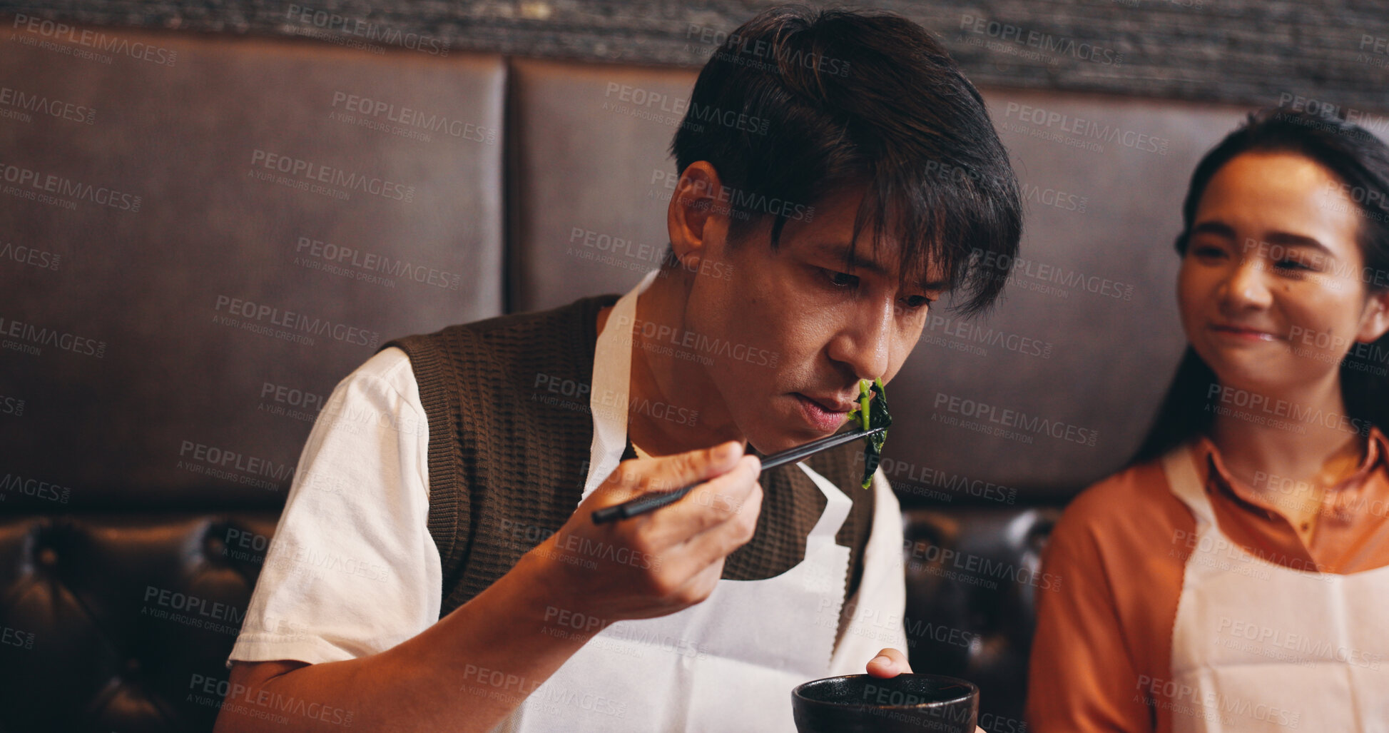 Buy stock photo Cooking, smell and bowl with Japanese man in restaurant for dinner course, gourmet and learning recipe. Ingredients, culture and food aroma with asian people in class for nutrition, menu or meal prep