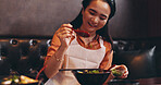 Cooking, ramen and ingredient with Japanese woman in restaurant for fine dining course, dinner and learning recipe. Bowl, culture and food with asian person in class for diet, menu and meal prep