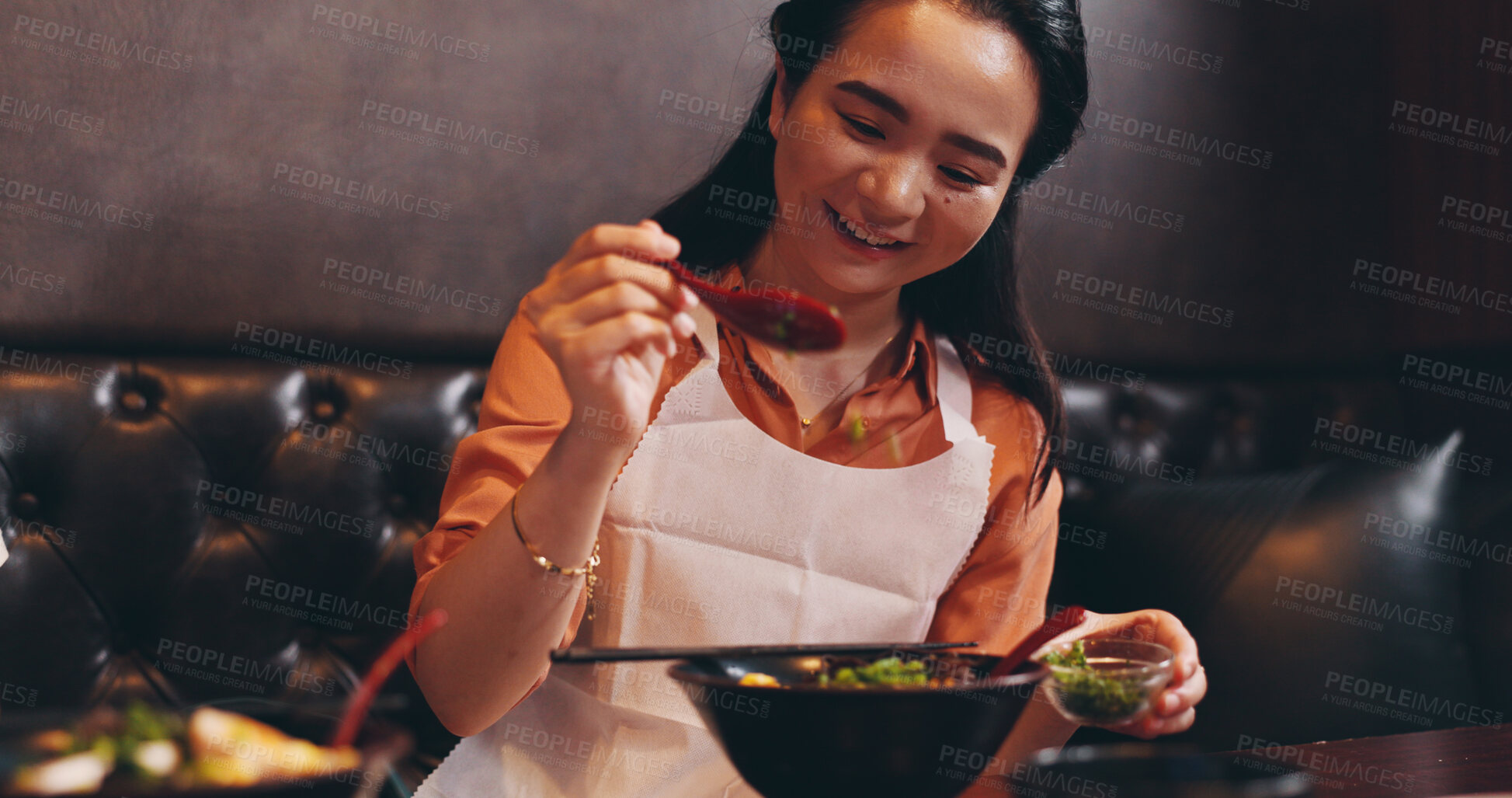 Buy stock photo Cooking, ramen and ingredient with Japanese woman in restaurant for fine dining course, dinner and learning recipe. Bowl, culture and food with asian person in class for diet, menu and meal prep