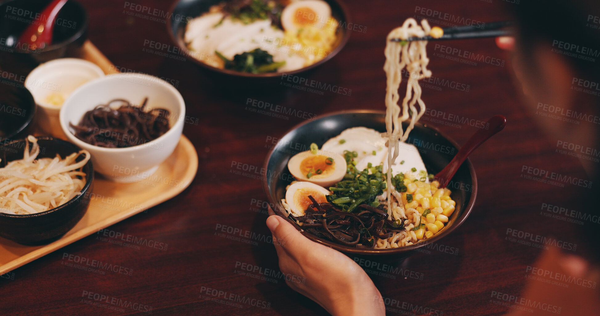 Buy stock photo Asian restaurant, ramen and people with noodles, meat and vegetables for dinner, lunch and supper. Culinary, traditional cuisine and customer for healthy eating, nutrition and gourmet dish in Japan