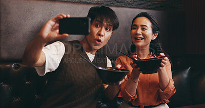 Buy stock photo Japanese, couple and selfie with food at restaurant for photography, social media post and cultural date. Smile, people and traditional noodles for profile picture update, bonding and memory in Japan