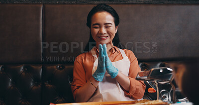 Buy stock photo Cooking, food and excited with Japanese woman in restaurant for catering, ramen and fine dining dish. Dinner menu, nutrition and chef with Asian person for meal prep, culture and traditional diet 