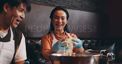 Buy stock photo Japanese couple, bowl and cooking class for ramen noodles, meal prep and chef in restaurant for lunch. Woman, man and happiness with learning for hospitality, diet and healthy food for culinary skill