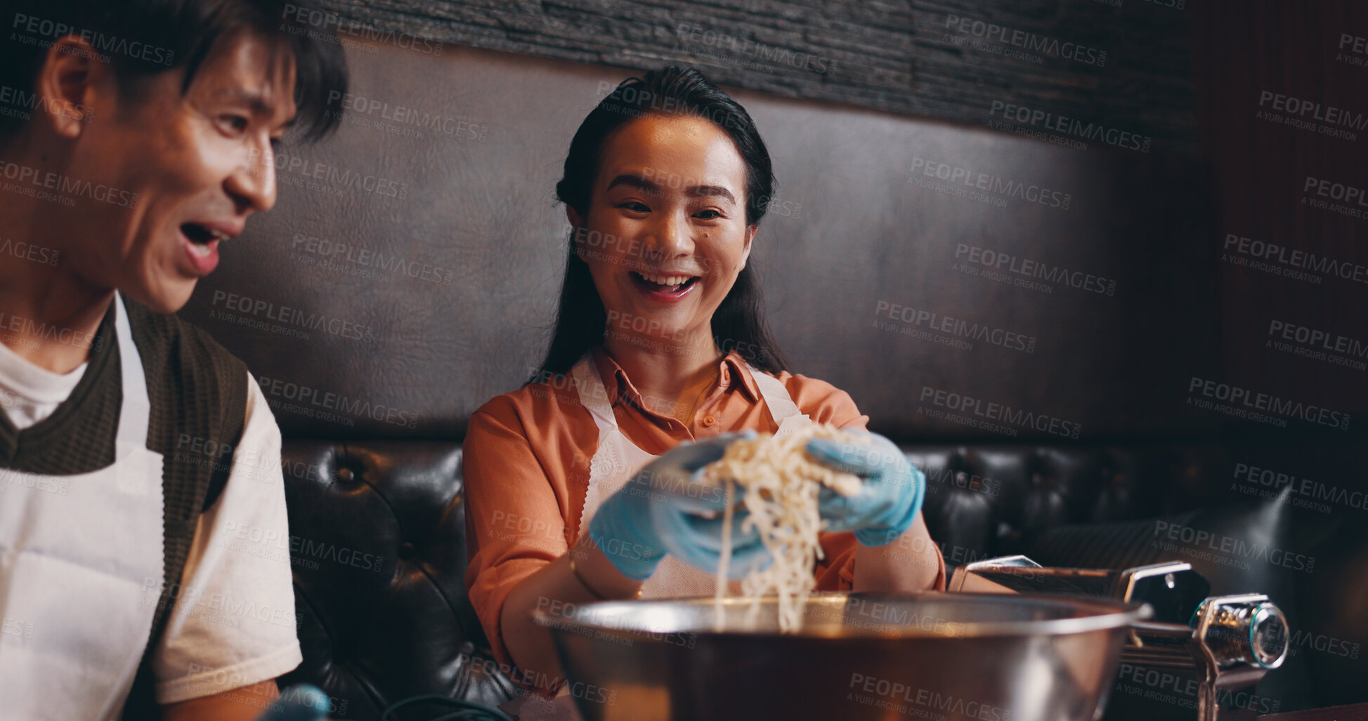 Buy stock photo Japanese couple, bowl and cooking class for ramen noodles, meal prep and chef in restaurant for lunch. Woman, man and happiness with learning for hospitality, diet and healthy food for culinary skill