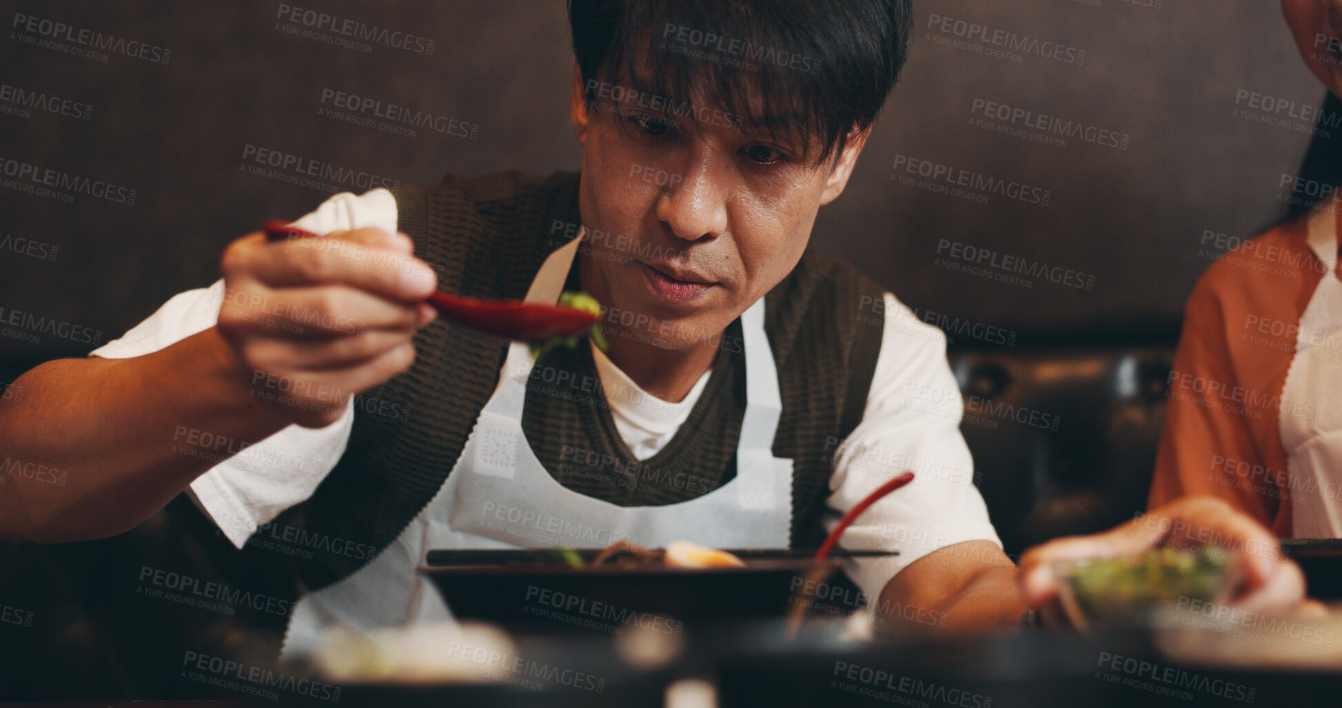 Buy stock photo Cooking, ramen and bowl with Japanese man in restaurant for fine dining course, dinner and learning recipe. Ingredients, culture and food with asian people in class for diet, menu and meal prep