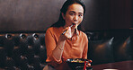 Portrait, Japanese and woman eating at restaurant for noodles food, nutrition lunch and culture menu. Female person, ramen and traditional cuisine of chopsticks, healthy meal and diet dinner in Japan