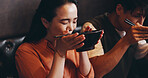 Japanese, happy couple and eating and ramen noodles for lunch date, asian food and healthy meal. Woman, man and culture for diet, traditional cuisine and chopsticks in restaurant or bonding together