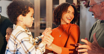 Buy stock photo Dancing, happy and family with kid in home for holiday, vacation and festive season. Thanksgiving, Christmas and house with grandparents, parents and child for celebration, bonding and tradition