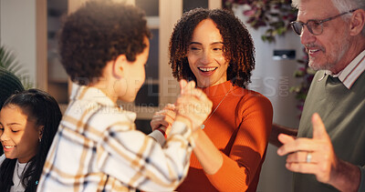 Buy stock photo Dancing, happy and family with child in home for holiday, vacation and festive season. Thanksgiving, Christmas and house with grandparents, parents and kids for celebration, bonding and tradition