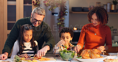 Buy stock photo Happy family, helping and children in cooking for thanksgiving event, food and festive holiday. People, interracial parents and happiness for dinner party, meal prep and gathering in home for bonding