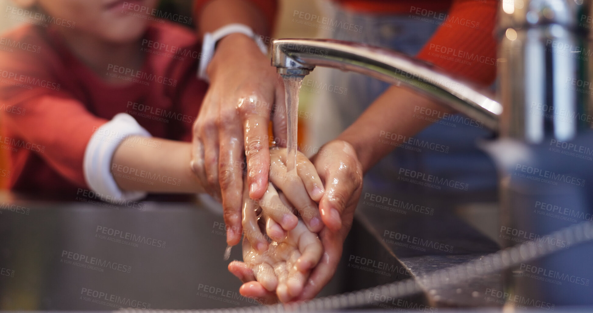 Buy stock photo Child, woman and washing hands in bathroom for health, development and motor skills in home. Kid, mother and help in hygiene for cleaning, education and routine with care, bonding or virus prevention