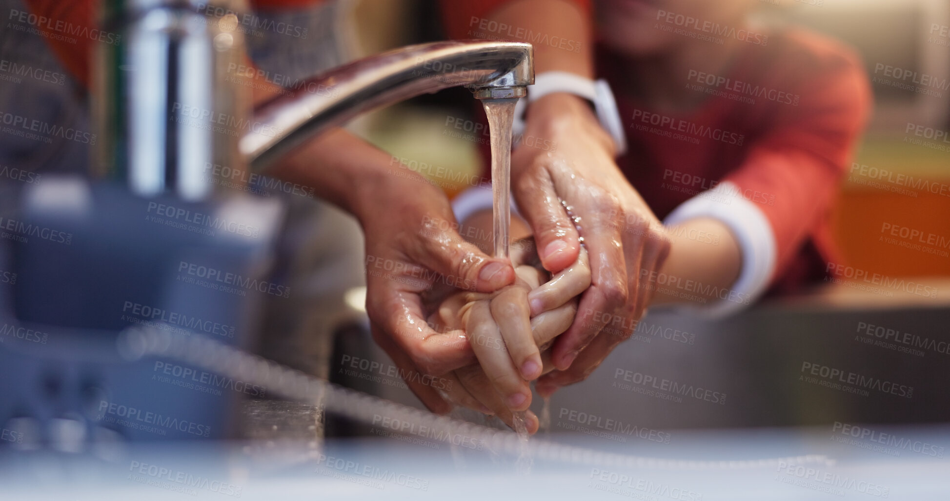 Buy stock photo Child, mother and washing hands in bathroom for health, development and motor skills in home. Kid, woman and help in hygiene for cleaning, education and routine with care, bonding or virus prevention