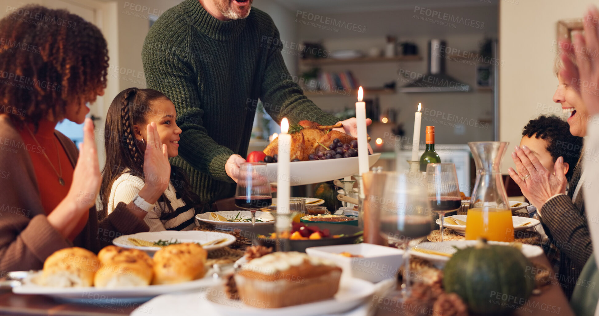 Buy stock photo Big family, serving chicken and thanksgiving with children, holiday and food in home. People, applause and festive celebration at dinner party, reunion and gathering for bonding or event on vacation