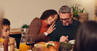 Buy stock photo Happy family, bonding and thanksgiving dinner with kids, festive holiday and food for vacation. Feast, people and interracial couple at party, reunion and gathering for celebration or event in home
