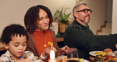 Buy stock photo Happy family, bonding and thanksgiving celebration with kids, festive holiday and food for vacation. Feast, people and interracial parents at party, reunion and gathering for dinner or event in home