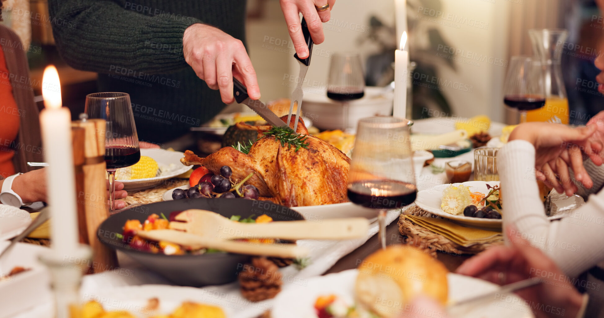 Buy stock photo Thanksgiving, food and family at table in home for lunch, supper and eating meal together. Christmas, bonding and people with turkey, chicken or meat for dinner, festive event and holiday celebration